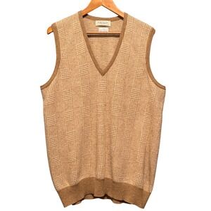 Paul Stuart Scotland Geelong Lambswool V-Neck Sweater Vest Tan Plaid Mens Large